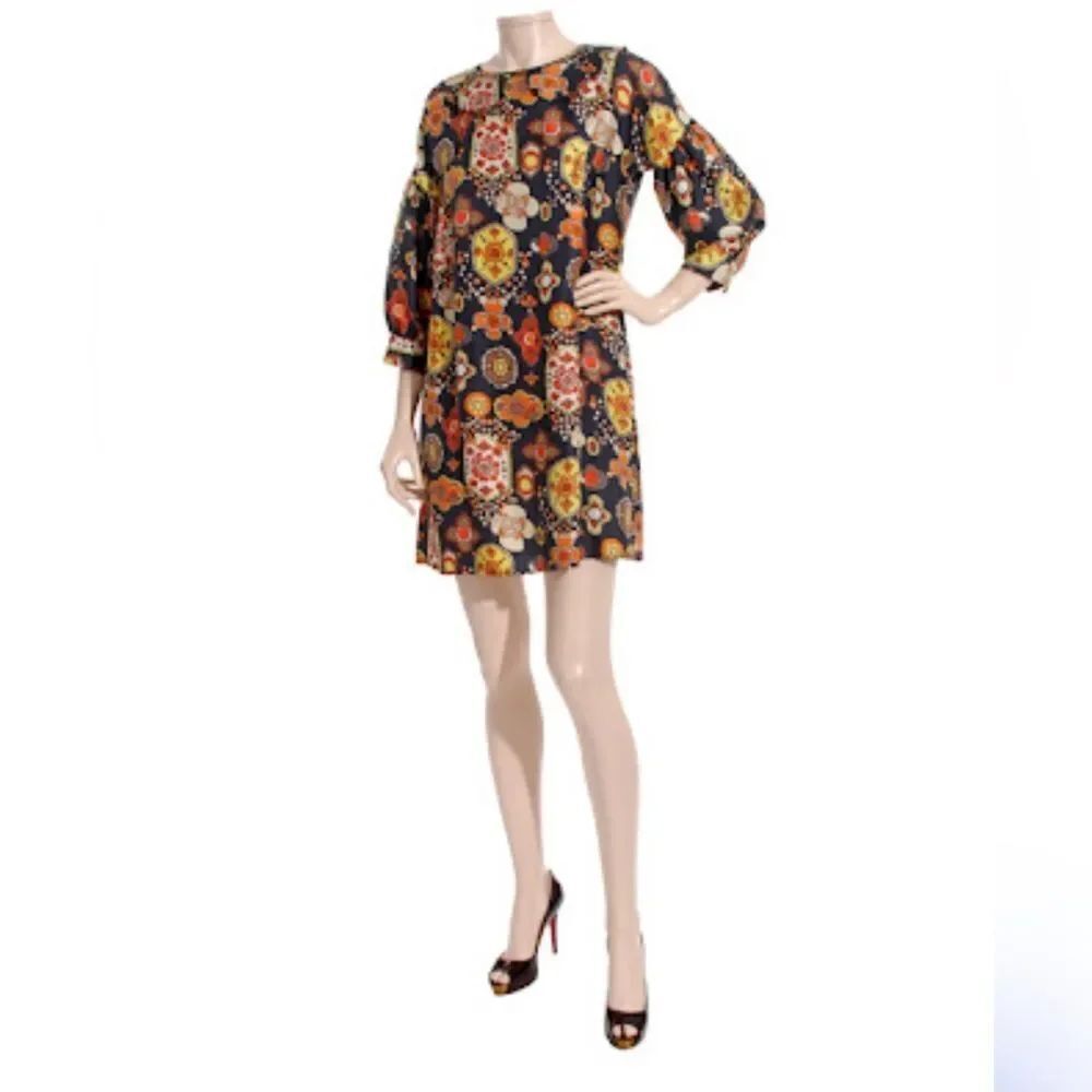 See by Chloe Multicolor Geometric Print Silk 3/4 Sleeves Mini Dress Size 2